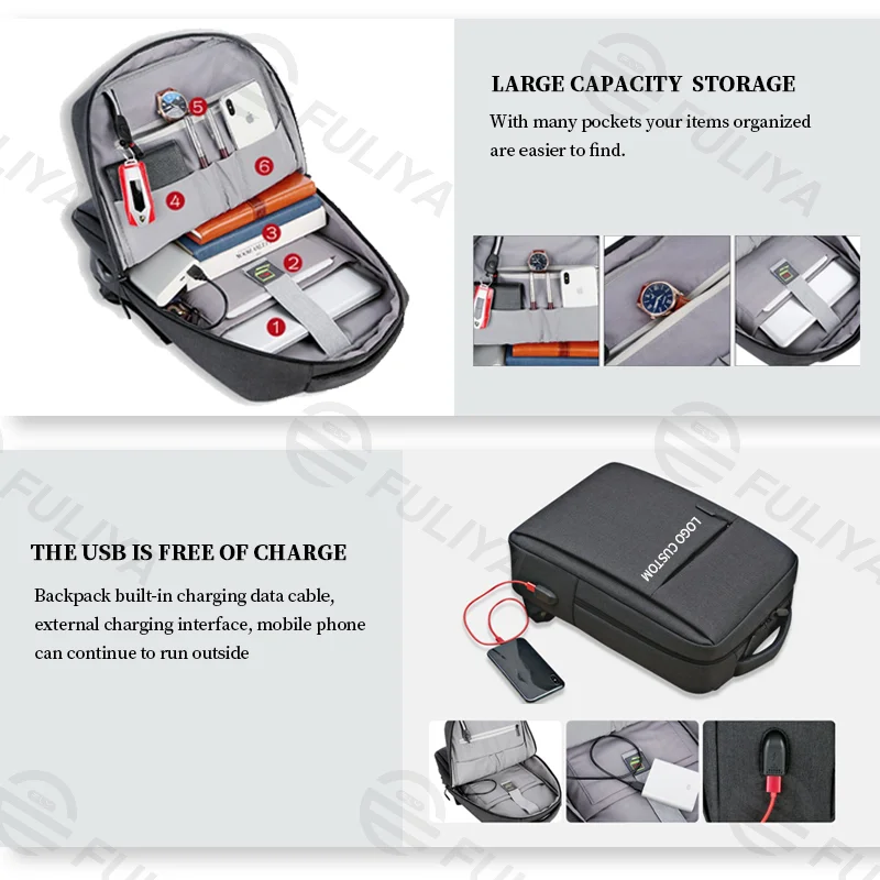 Guangzhou Fuliya Industry Co.,Ltd C-81051 Business commuter backpack, water-resistant, large capacity, laptop compartment, external USB port, dual zipper, and honeycomb breathable back panel, customizable logo - for work, business trips, and travel.