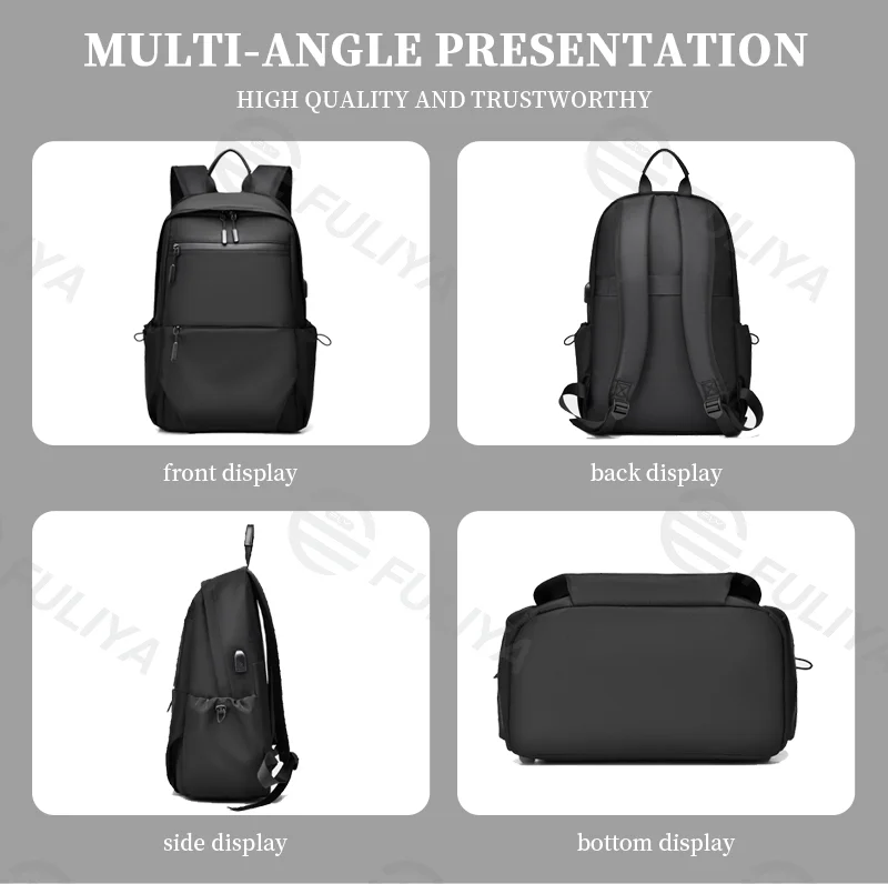 Guangzhou Fuliya Industry Co.,Ltd C-81052 Casual outdoor backpack, water-resistant, large capacity, laptop compartment, external USB port, comfortable handle, adjustable strap, and luggage strap - for travel, commuting, and school.