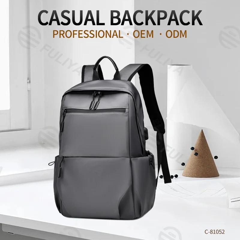 Guangzhou Fuliya Industry Co.,Ltd C-81052 Casual outdoor backpack, water-resistant, large capacity, laptop compartment, external USB port, comfortable handle, adjustable strap, and luggage strap - for travel, commuting, and school.