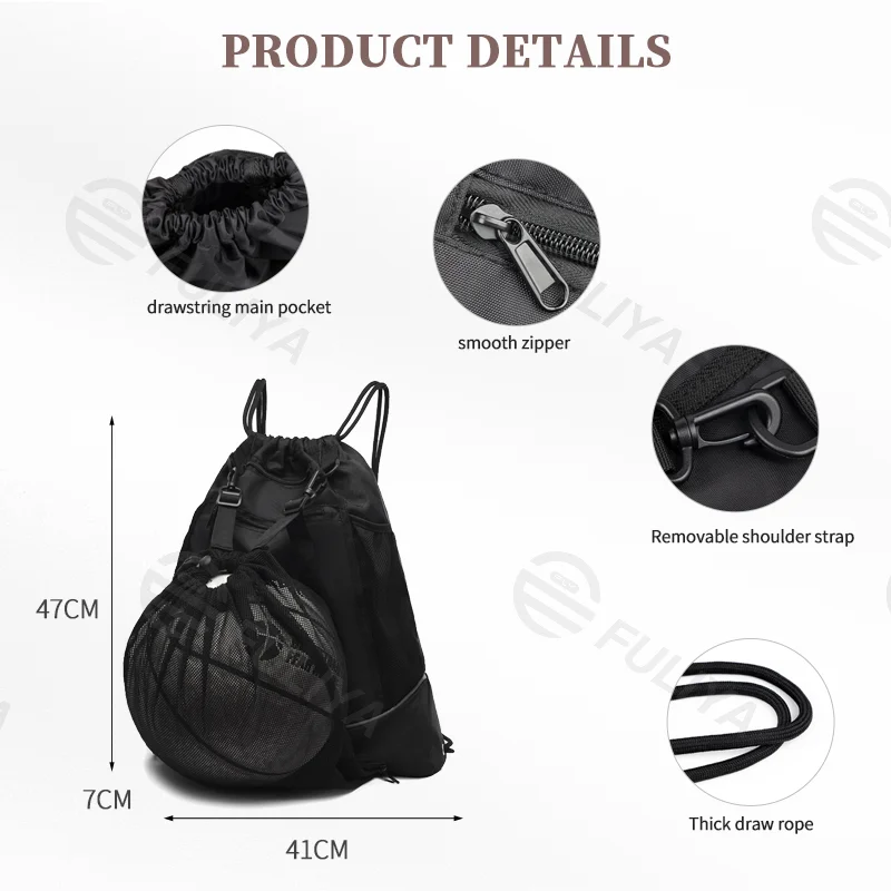 Guangzhou Fuliya Industry Co.,Ltd C-81053 Multi-functional sports drawstring backpack, large capacity, front mesh pocket for ball or shoes, main pocket for essentials, detachable strap, and thick drawstring - for training, outdoor, and travel.