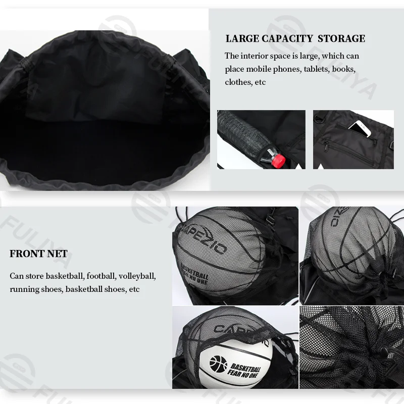 Guangzhou Fuliya Industry Co.,Ltd C-81053 Multi-functional sports drawstring backpack, large capacity, front mesh pocket for ball or shoes, main pocket for essentials, detachable strap, and thick drawstring - for training, outdoor, and travel.