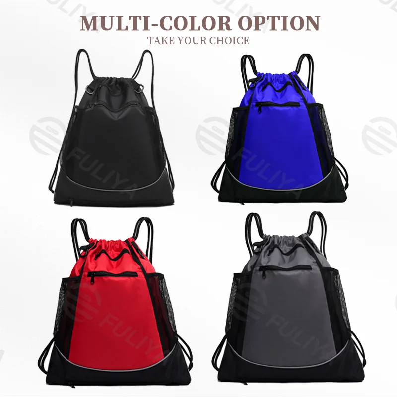 Guangzhou Fuliya Industry Co.,Ltd C-81053 Multi-functional sports drawstring backpack, large capacity, front mesh pocket for ball or shoes, main pocket for essentials, detachable strap, and thick drawstring - for training, outdoor, and travel.