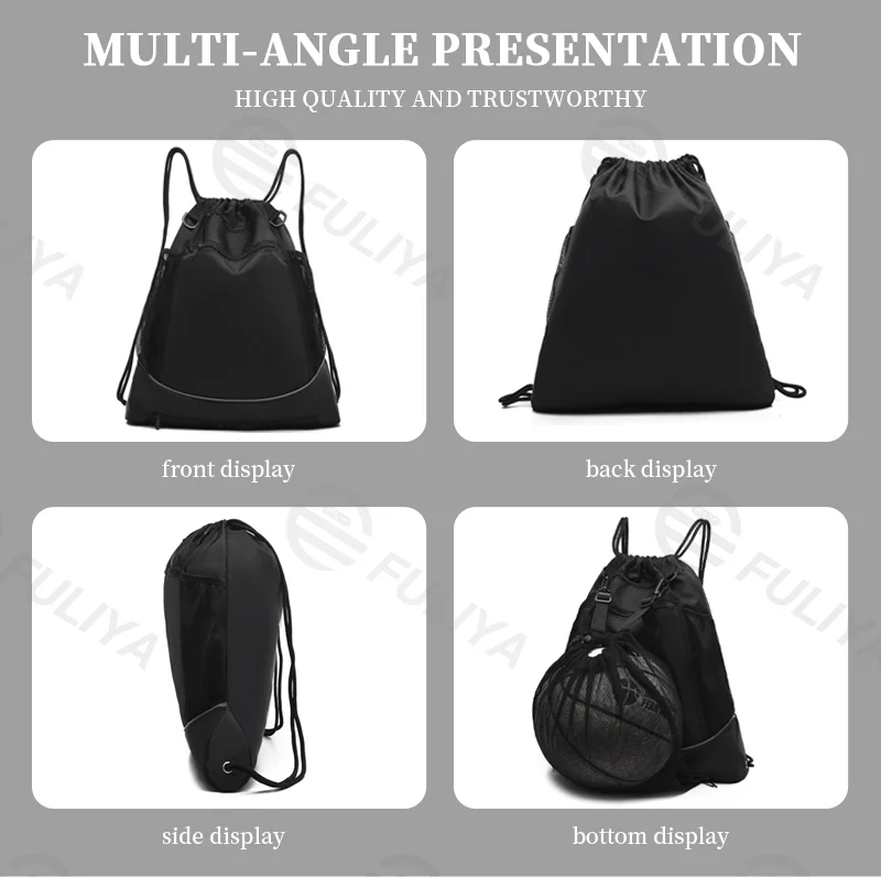 Guangzhou Fuliya Industry Co.,Ltd C-81053 Multi-functional sports drawstring backpack, large capacity, front mesh pocket for ball or shoes, main pocket for essentials, detachable strap, and thick drawstring - for training, outdoor, and travel.