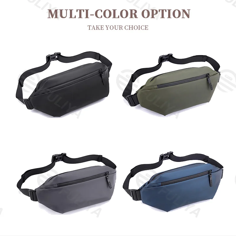 Guangzhou Fuliya Industry Co.,Ltd C-81055 Outdoor casual waist bag, water-resistant, large capacity, side pocket, separate bottle pocket, adjustable strap, and retaining strap.Wear as waist, chest, or crossbody bag for outdoor, sports, and daily use.