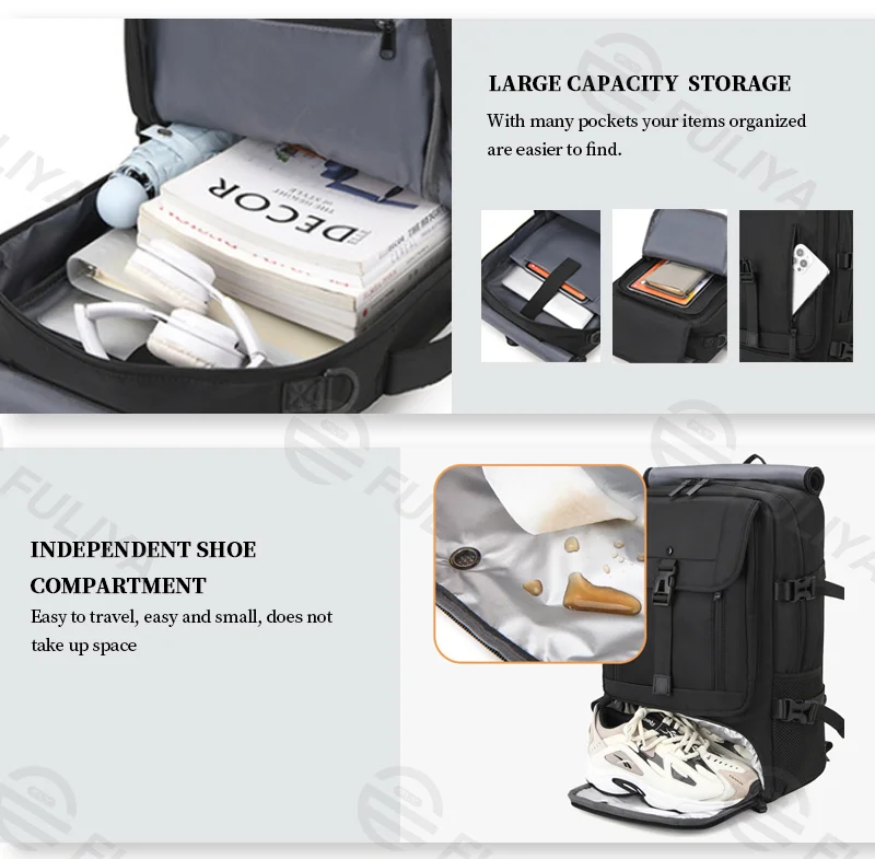 Guangzhou Fuliya Industry Co.,Ltd C-81056 Men's business travel backpack, water-resistant, large capacity, shoe compartment, laptop compartment, hidden straps, and luggage strap - backpack or shoulder carry for business trips, commuting, and short travel.