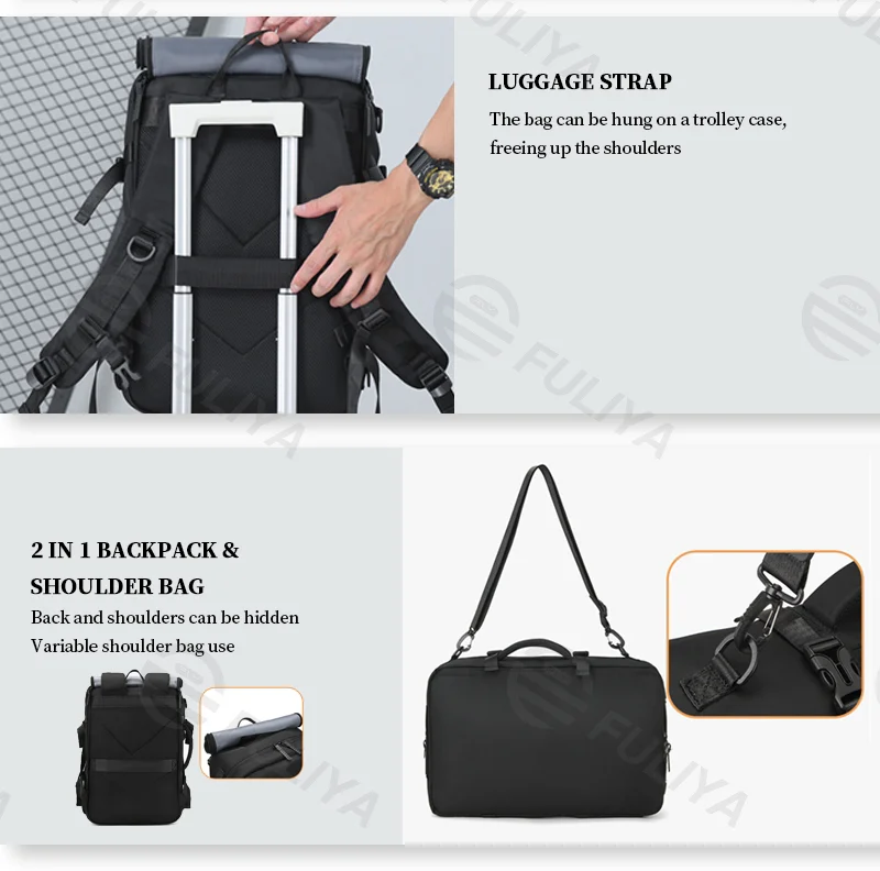 Guangzhou Fuliya Industry Co.,Ltd C-81056 Men's business travel backpack, water-resistant, large capacity, shoe compartment, laptop compartment, hidden straps, and luggage strap - backpack or shoulder carry for business trips, commuting, and short travel.