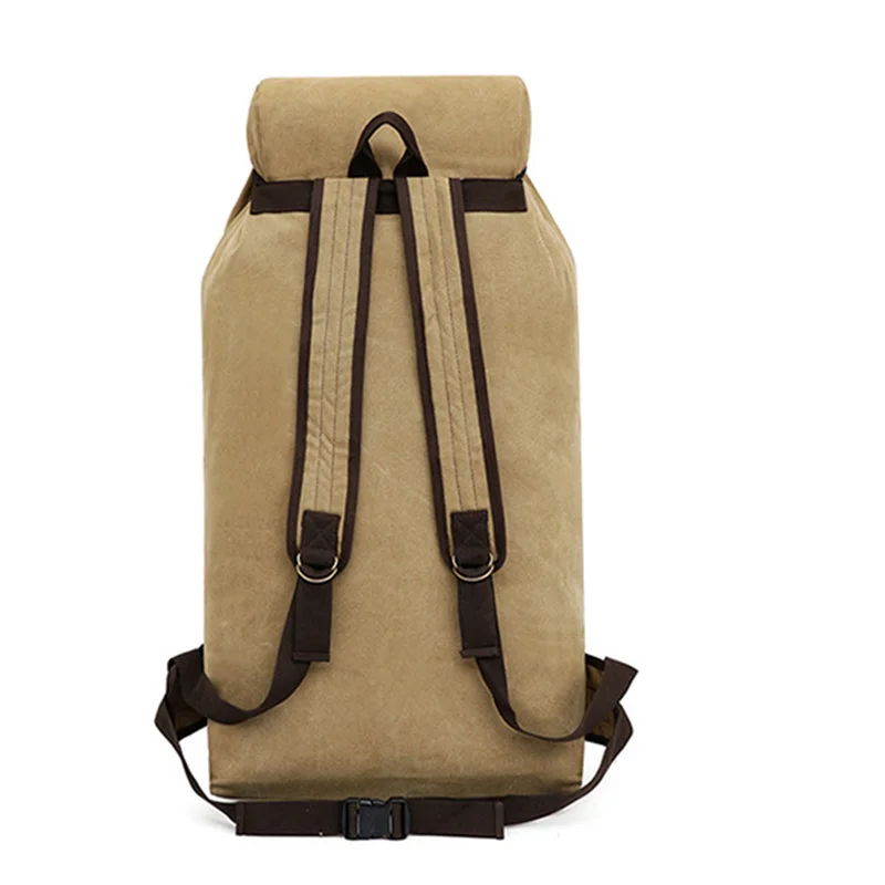 Guangzhou Fuliya Industry Co.,Ltd C-81057 110L extra-large canvas backpack, water-resistant, drawstring main pocket, multiple front pockets, thickened shoulder straps, and adjustable buckles - for long travel, outdoor, and climbing.