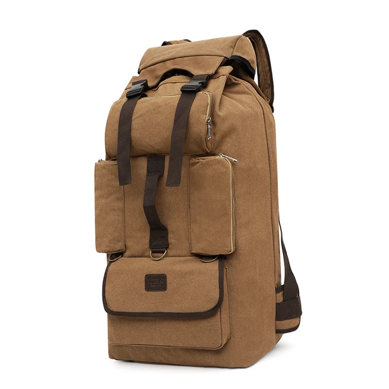 Guangzhou Fuliya Industry Co.,Ltd C-81057 110L extra-large canvas backpack, water-resistant, drawstring main pocket, multiple front pockets, thickened shoulder straps, and adjustable buckles - for long travel, outdoor, and climbing.