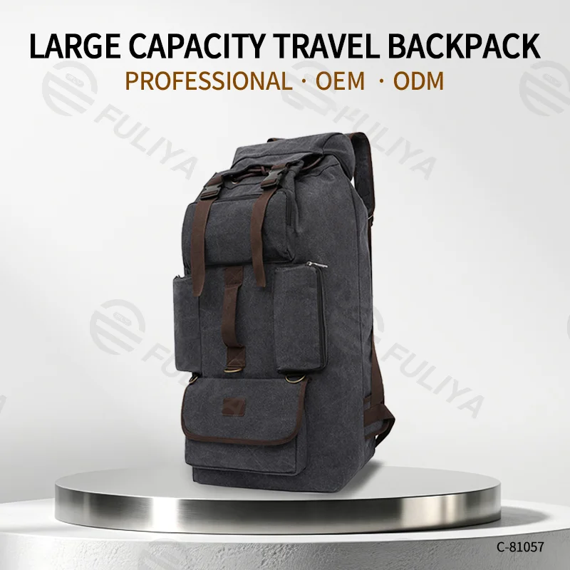 Guangzhou Fuliya Industry Co.,Ltd C-81057 110L extra-large canvas backpack, water-resistant, drawstring main pocket, multiple front pockets, thickened shoulder straps, and adjustable buckles - for long travel, outdoor, and climbing.