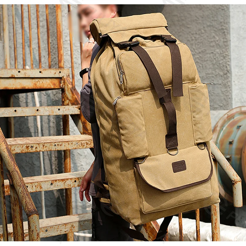 Guangzhou Fuliya Industry Co.,Ltd C-81057 110L extra-large canvas backpack, water-resistant, drawstring main pocket, multiple front pockets, thickened shoulder straps, and adjustable buckles - for long travel, outdoor, and climbing.