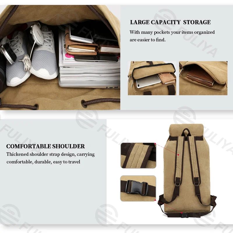 Guangzhou Fuliya Industry Co.,Ltd C-81057 110L extra-large canvas backpack, water-resistant, drawstring main pocket, multiple front pockets, thickened shoulder straps, and adjustable buckles - for long travel, outdoor, and climbing.
