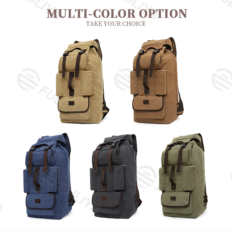 Guangzhou Fuliya Industry Co.,Ltd C-81057 110L extra-large canvas backpack, water-resistant, drawstring main pocket, multiple front pockets, thickened shoulder straps, and adjustable buckles - for long travel, outdoor, and climbing.