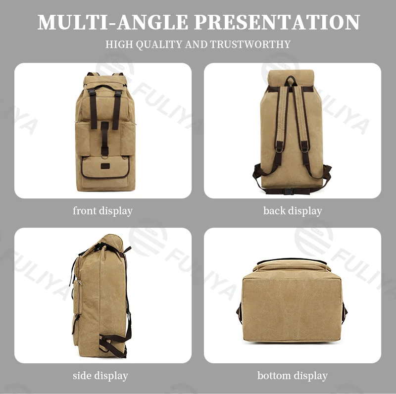 Guangzhou Fuliya Industry Co.,Ltd C-81057 110L extra-large canvas backpack, water-resistant, drawstring main pocket, multiple front pockets, thickened shoulder straps, and adjustable buckles - for long travel, outdoor, and climbing.