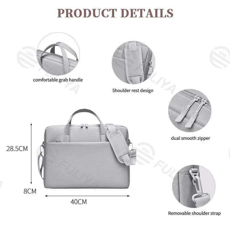 Guangzhou Fuliya Industry Co.,Ltd C-81058 Laptop bag, water-resistant, air cushion shockproof, large capacity, comfortable handle, dual zipper, detachable strap, and luggage strap - hand or shoulder carry for commuting, business, and travel.