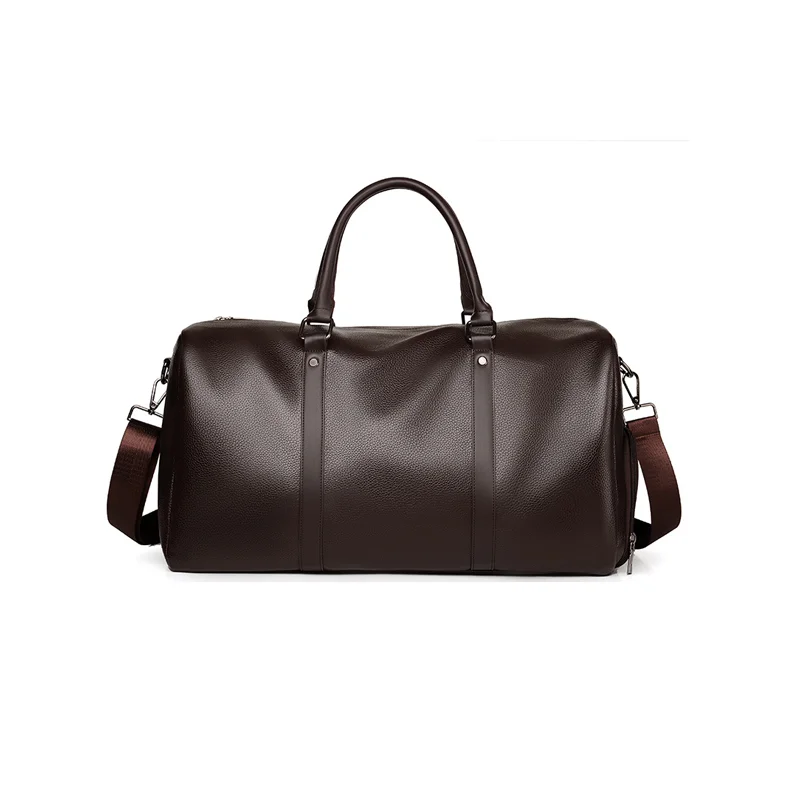 Guangzhou Fuliya Industry Co.,Ltd C-81067 Leather travel gym bag, water-resistant, large capacity, shoe compartment, comfortable handle, detachable strap, and bottom rivets - hand or shoulder carry for gym, travel, and short business trips.