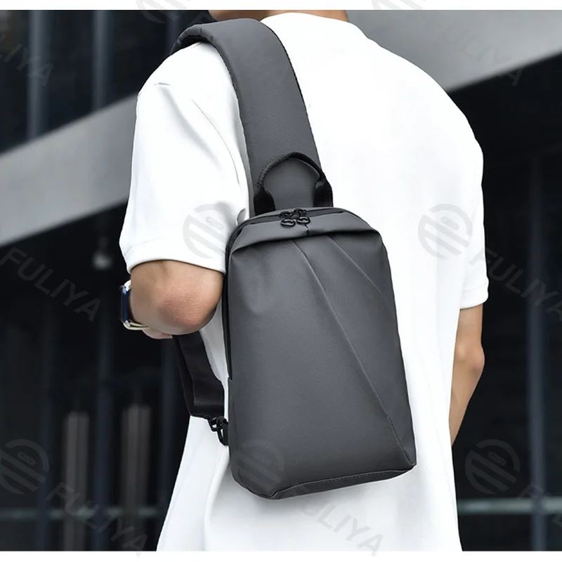 Guangzhou Fuliya Industry Co.,Ltd C-81069 Men's waterproof crossbody chest bag, large capacity, dual zipper, detachable strap, and double D-ring buckle - left/right shoulder alternate carry for outdoor, commuting, and daily use.