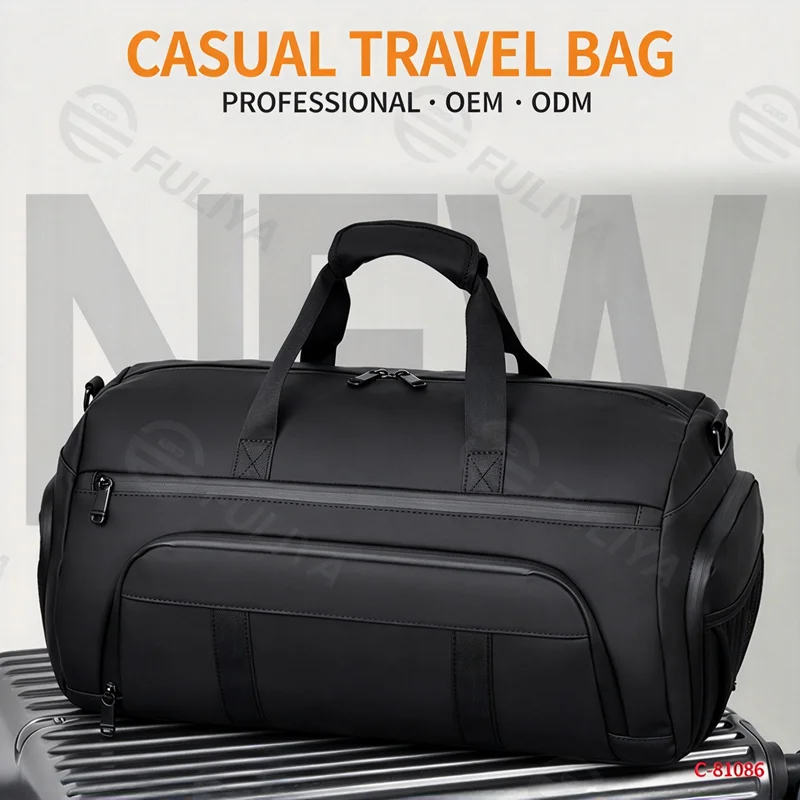 Guangzhou Fuliya Industry Co.,Ltd C-81086 Sports travel gym bag, water-resistant, large capacity, shoe compartment, wet/dry pocket, adjustable strap, and luggage strap - hand, shoulder, or crossbody carry for gym, business trips, and travel.