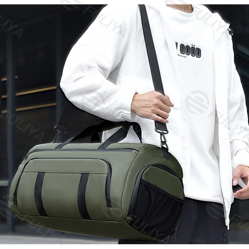 Guangzhou Fuliya Industry Co.,Ltd C-81086 Sports travel gym bag, water-resistant, large capacity, shoe compartment, wet/dry pocket, adjustable strap, and luggage strap - hand, shoulder, or crossbody carry for gym, business trips, and travel.
