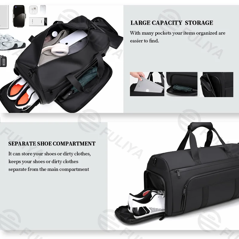 Guangzhou Fuliya Industry Co.,Ltd C-81086 Sports travel gym bag, water-resistant, large capacity, shoe compartment, wet/dry pocket, adjustable strap, and luggage strap - hand, shoulder, or crossbody carry for gym, business trips, and travel.