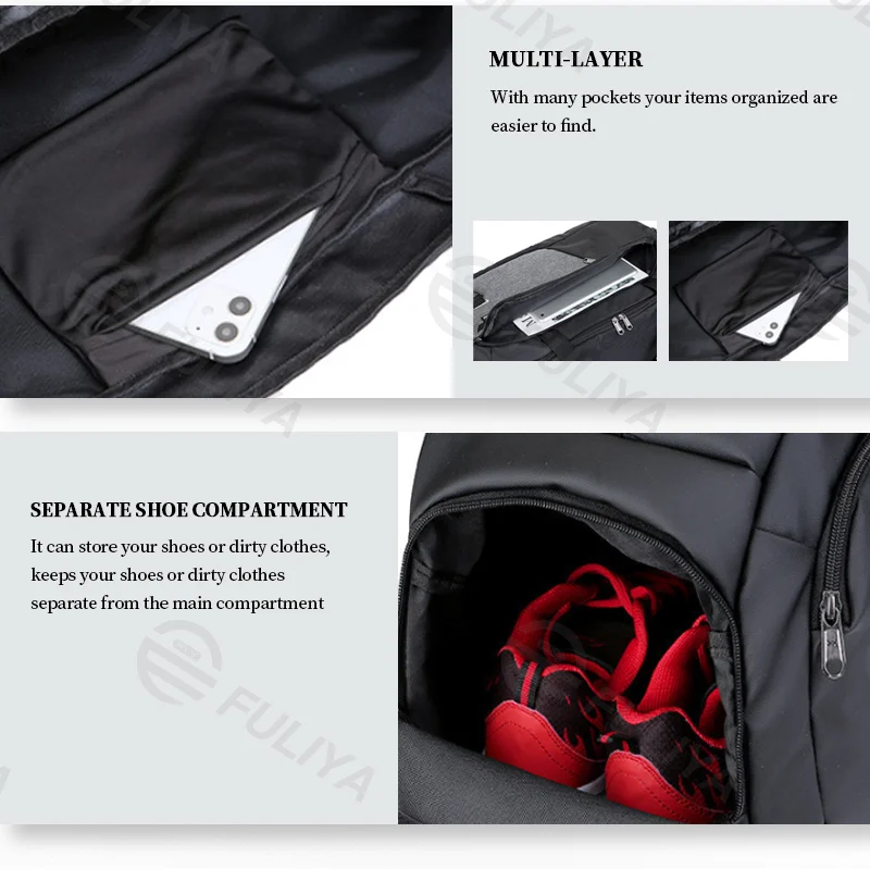Guangzhou Fuliya Industry Co.,Ltd C-81090 Large-capacity sports travel gym bag, water-resistant, multi-layer storage, shoe compartment, dual zipper, adjustable strap, and side mesh pocket - for gym, travel, and business trips.