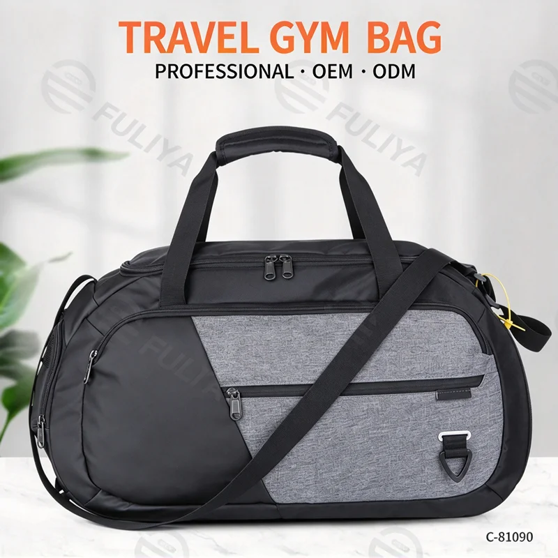 Guangzhou Fuliya Industry Co.,Ltd C-81090 Large-capacity sports travel gym bag, water-resistant, multi-layer storage, shoe compartment, dual zipper, adjustable strap, and side mesh pocket - for gym, travel, and business trips.