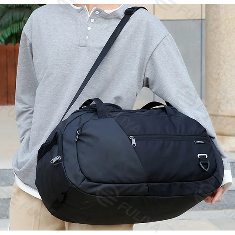 Guangzhou Fuliya Industry Co.,Ltd C-81090 Large-capacity sports travel gym bag, water-resistant, multi-layer storage, shoe compartment, dual zipper, adjustable strap, and side mesh pocket - for gym, travel, and business trips.