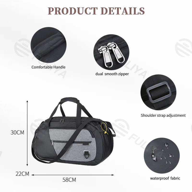 Guangzhou Fuliya Industry Co.,Ltd C-81090 Large-capacity sports travel gym bag, water-resistant, multi-layer storage, shoe compartment, dual zipper, adjustable strap, and side mesh pocket - for gym, travel, and business trips.