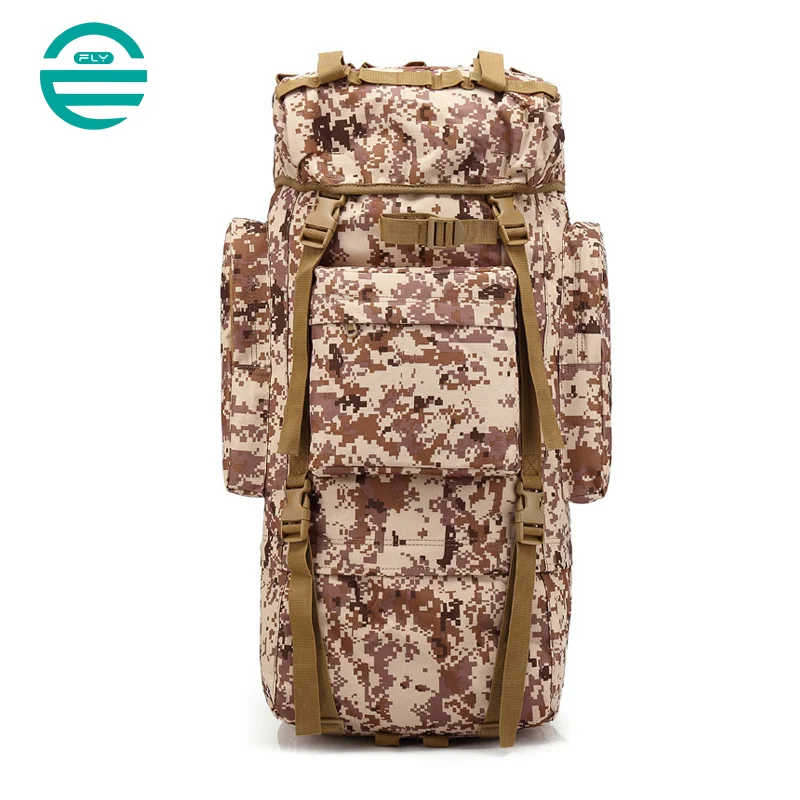 Guangzhou Fuliya Industry Co.,Ltd C-81091 65L tactical backpack, water-repellent, pressure-relieving back pad, detachable straps and belt, U-shaped aluminum frame, chest buckle, rain cover, and top straps - for hiking and climbing.