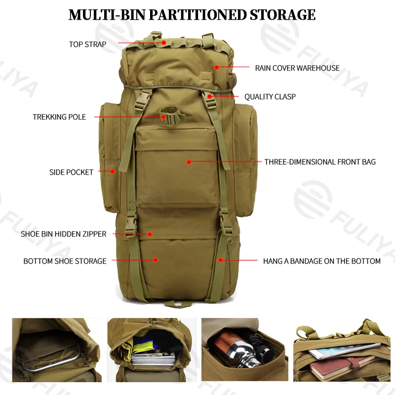 Guangzhou Fuliya Industry Co.,Ltd C-81091 65L tactical backpack, water-repellent, pressure-relieving back pad, detachable straps and belt, U-shaped aluminum frame, chest buckle, rain cover, and top straps - for hiking and climbing.