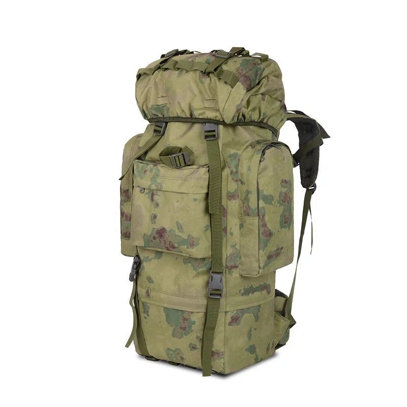Guangzhou Fuliya Industry Co.,Ltd C-81091 65L tactical backpack, water-repellent, pressure-relieving back pad, detachable straps and belt, U-shaped aluminum frame, chest buckle, rain cover, and top straps - for hiking and climbing.