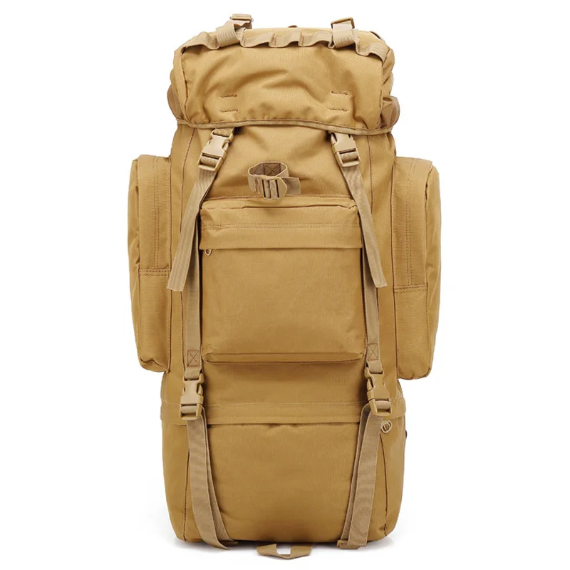 Guangzhou Fuliya Industry Co.,Ltd C-81091 65L tactical backpack, water-repellent, pressure-relieving back pad, detachable straps and belt, U-shaped aluminum frame, chest buckle, rain cover, and top straps - for hiking and climbing.