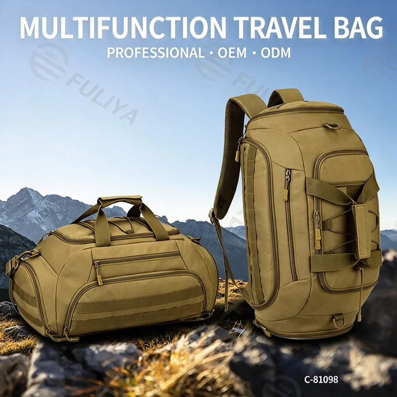 Guangzhou Fuliya Industry Co.,Ltd C-81098 35L multi-functional tactical travel bag, water-resistant, large main compartment, hidden backpack straps, and top elastic cord - backpack, crossbody, or hand carry for short trips, fitness, and outdoor.