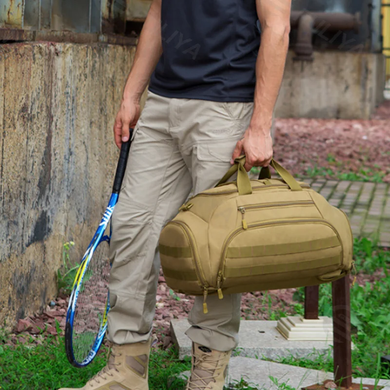 Guangzhou Fuliya Industry Co.,Ltd C-81098 35L multi-functional tactical travel bag, water-resistant, large main compartment, hidden backpack straps, and top elastic cord - backpack, crossbody, or hand carry for short trips, fitness, and outdoor.