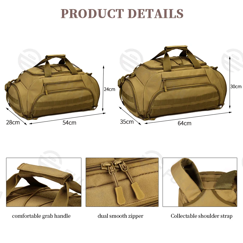 Guangzhou Fuliya Industry Co.,Ltd C-81098 35L multi-functional tactical travel bag, water-resistant, large main compartment, hidden backpack straps, and top elastic cord - backpack, crossbody, or hand carry for short trips, fitness, and outdoor.