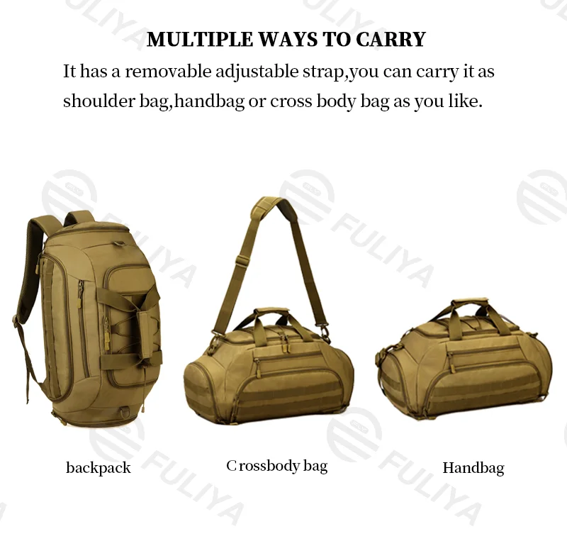 Guangzhou Fuliya Industry Co.,Ltd C-81098 35L multi-functional tactical travel bag, water-resistant, large main compartment, hidden backpack straps, and top elastic cord - backpack, crossbody, or hand carry for short trips, fitness, and outdoor.
