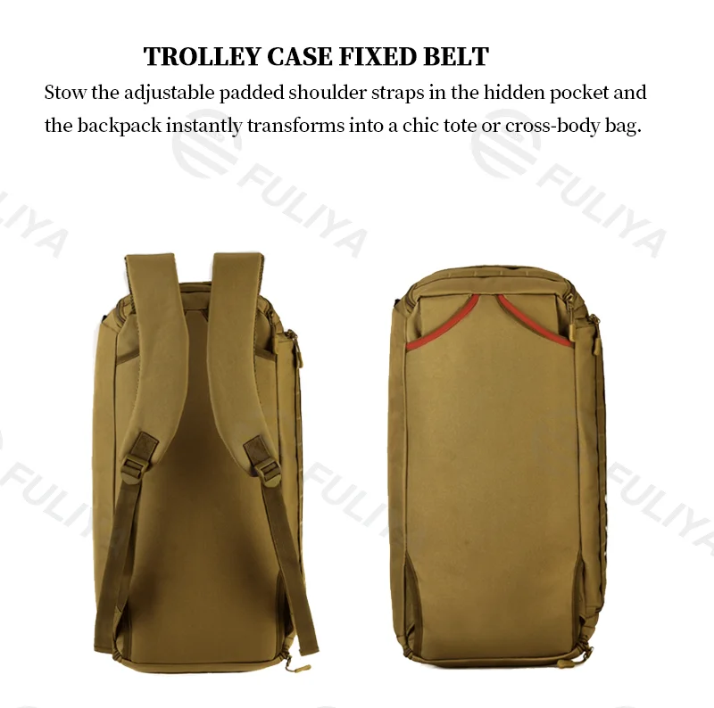 Guangzhou Fuliya Industry Co.,Ltd C-81098 35L multi-functional tactical travel bag, water-resistant, large main compartment, hidden backpack straps, and top elastic cord - backpack, crossbody, or hand carry for short trips, fitness, and outdoor.