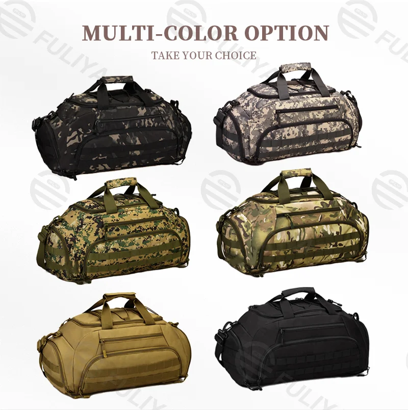 Guangzhou Fuliya Industry Co.,Ltd C-81098 35L multi-functional tactical travel bag, water-resistant, large main compartment, hidden backpack straps, and top elastic cord - backpack, crossbody, or hand carry for short trips, fitness, and outdoor.