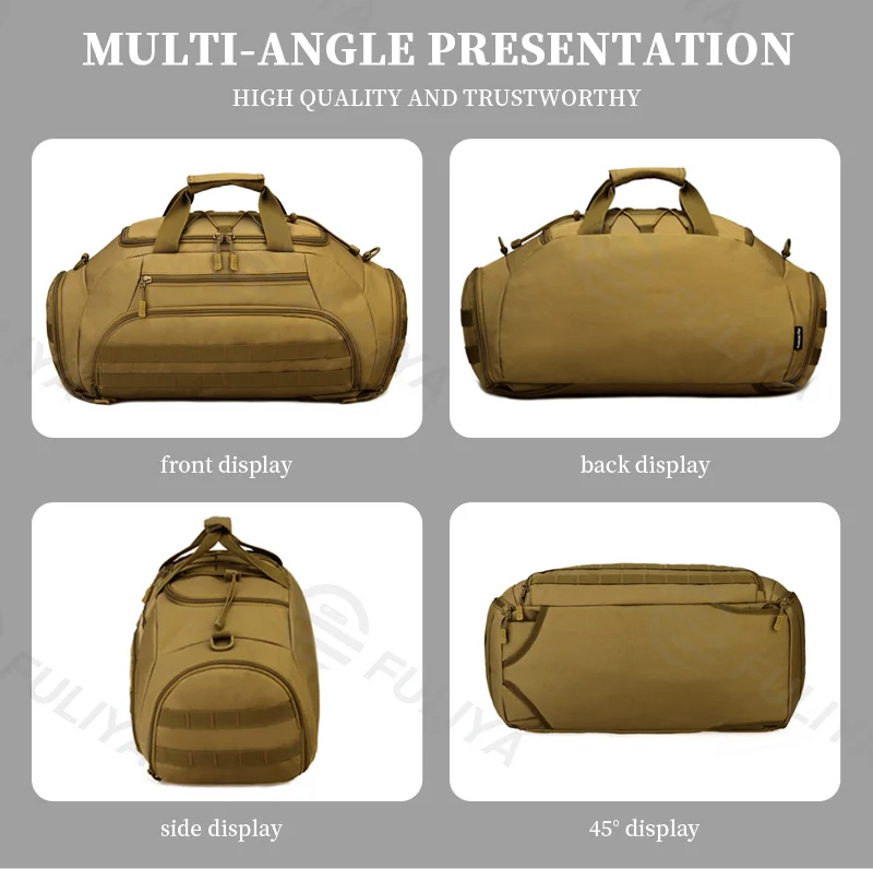 Guangzhou Fuliya Industry Co.,Ltd C-81098 35L multi-functional tactical travel bag, water-resistant, large main compartment, hidden backpack straps, and top elastic cord - backpack, crossbody, or hand carry for short trips, fitness, and outdoor.